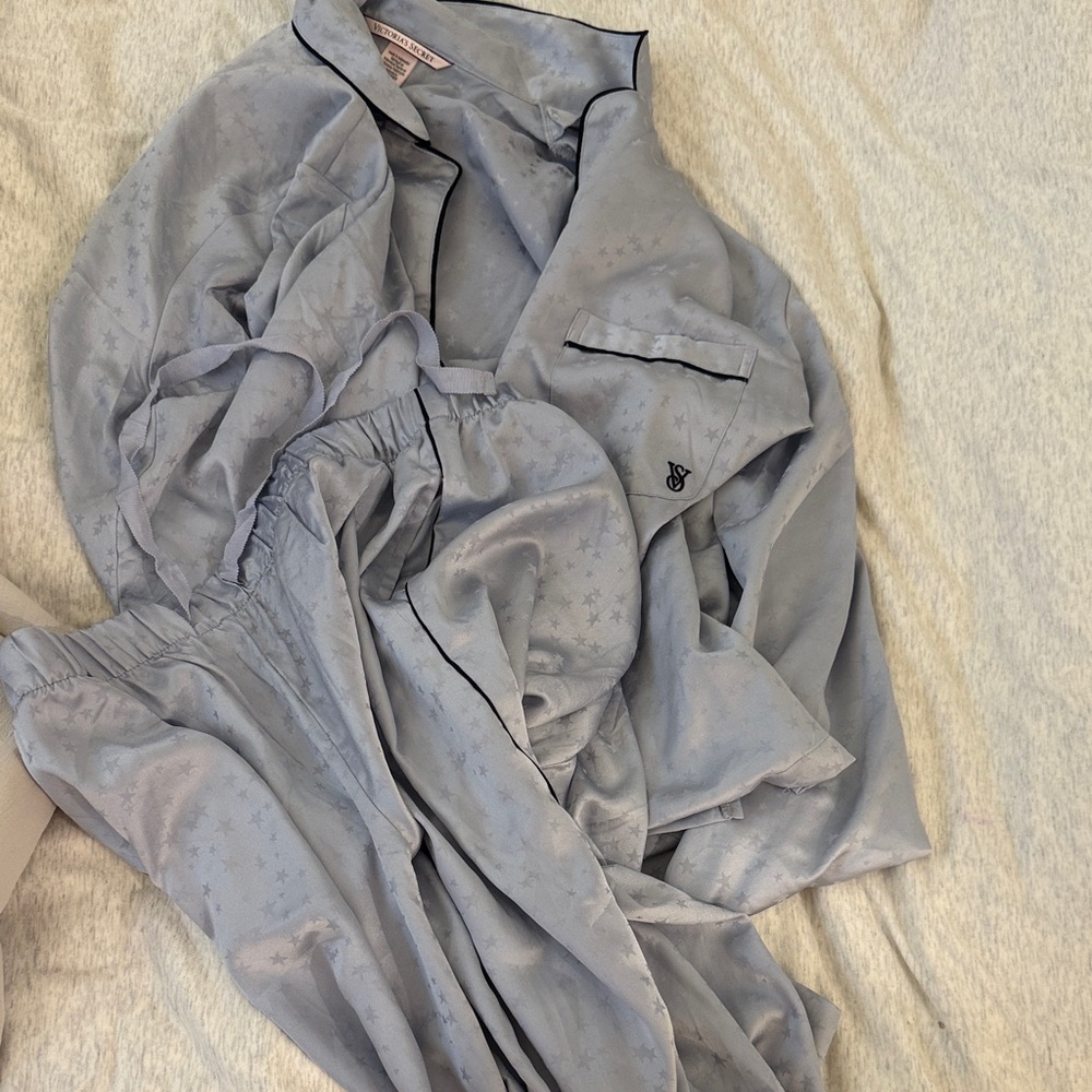 Light Blue Pajama Set with Star Pattern Victoria’s Secret satin stars